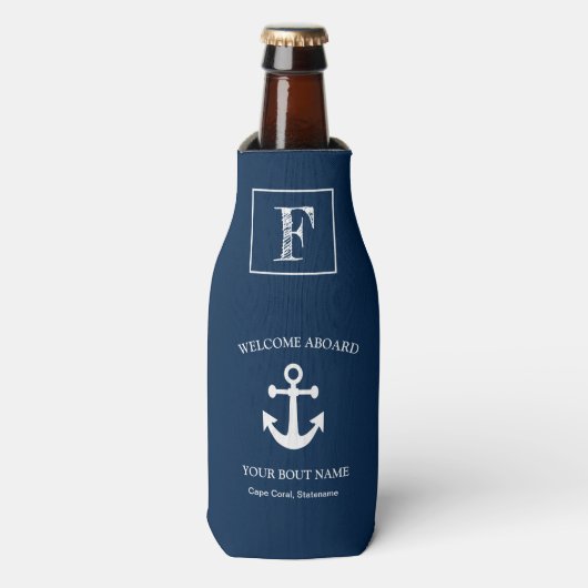 Nautical Navy Blue Welcome Aboard Name Anchor Flesjeskoeler (Fles Voorkant)