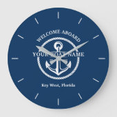 Nautical Navy Blue Welcome Aboard Name Anchor Grote Klok (Voorkant)