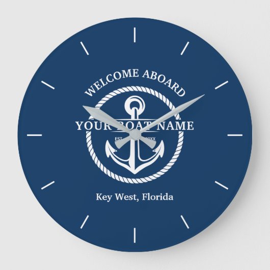 Nautical Navy Blue Welcome Aboard Name Anchor Grote Klok (Voorkant)