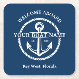 Nautical Navy Blue Welcome Aboard Name Anchor Kartonnen Onderzetters