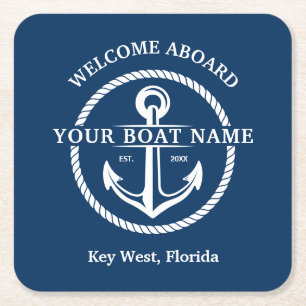 Nautical Navy Blue Welcome Aboard Name Anchor Kartonnen Onderzetters