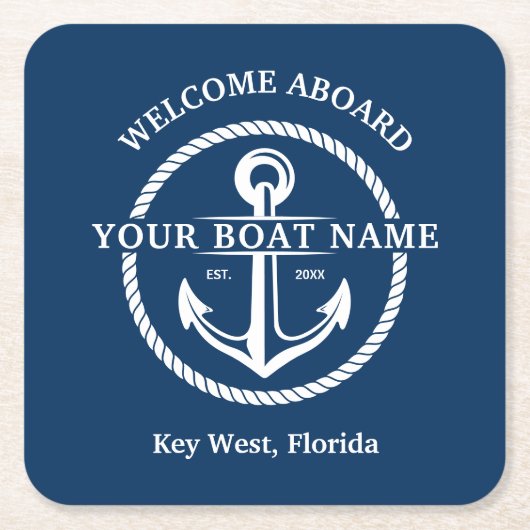 Nautical Navy Blue Welcome Aboard Name Anchor Kartonnen Onderzetters (Voorkant)