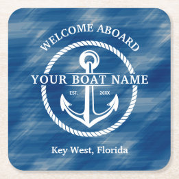 Nautical Navy Blue Welcome Aboard Name Anchor Kartonnen Onderzetters