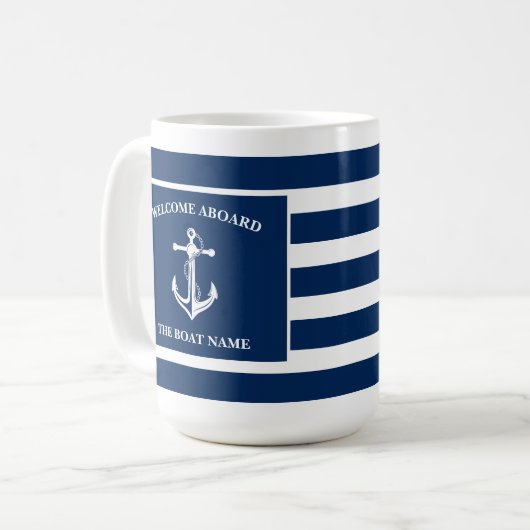 Nautical Navy Blue Welcome Aboard Name Anchor Koffiemok (Voorkant links)