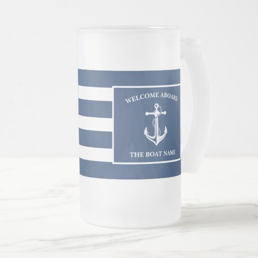 Nautical Navy Blue Welcome Aboard Name Anchor Matglas Bierpul (Voorkant rechts)