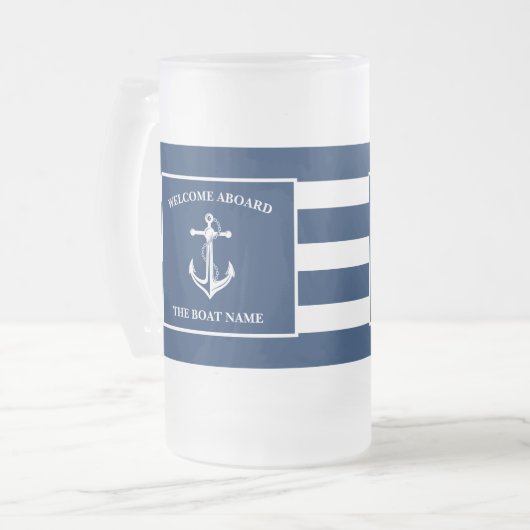 Nautical Navy Blue Welcome Aboard Name Anchor Matglas Bierpul (Voorkant links)