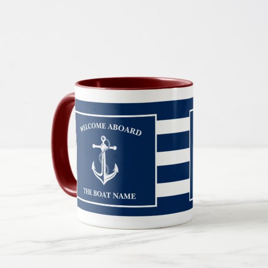 Nautical Navy Blue Welcome Aboard Name Anchor Mok (Voorkant links)