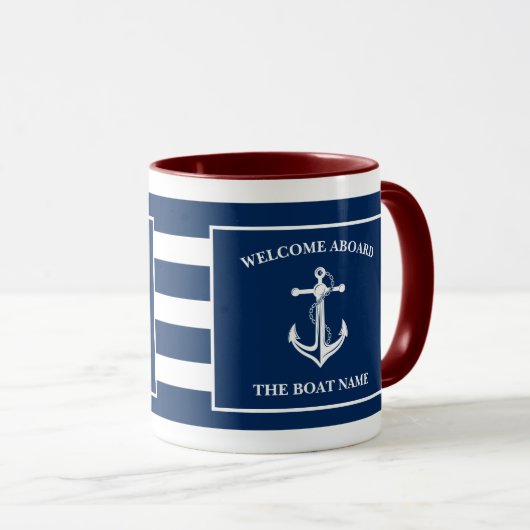 Nautical Navy Blue Welcome Aboard Name Anchor Mok (Voorkant rechts)