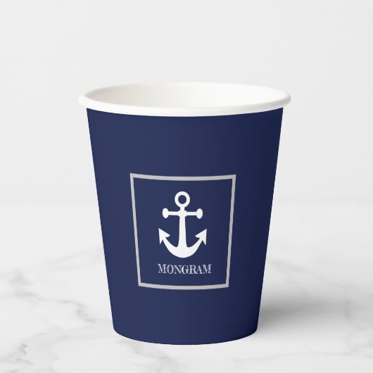 Nautical Navy Blue Welcome Aboard Name Anchor Papieren Bekers (Voorkant)