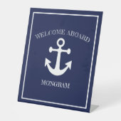 Nautical Navy Blue Welcome Aboard Name Anchor Reclamebord Met Voetstuk (Voorkant)
