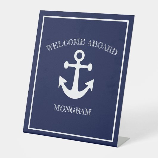 Nautical Navy Blue Welcome Aboard Name Anchor Reclamebord Met Voetstuk (Voorkant)
