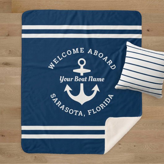 Nautical Navy Blue Welcome Aboard Name Anchor Sherpa Deken