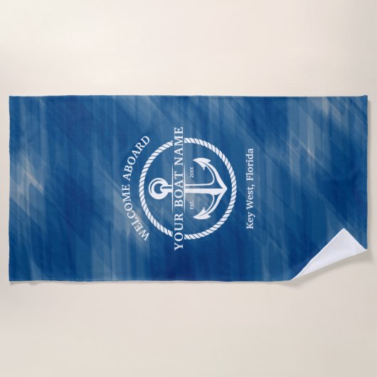 Nautical Navy Blue Welcome Aboard Name Anchor Strandlaken (Voorkant)