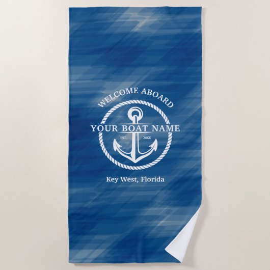 Nautical Navy Blue Welcome Aboard Name Anchor Strandlaken (Voorkant)