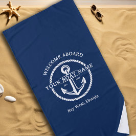 Nautical Navy Blue Welcome Aboard Name Anchor Strandlaken