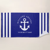 Nautical Navy Blue Welcome Aboard Name Anchor Strandlaken (Voorkant)