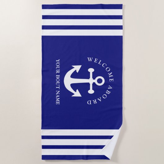 Nautical Navy Blue Welcome Aboard Name Anchor Strandlaken (Voorkant)