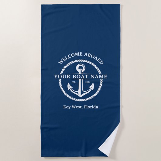 Nautical Navy Blue Welcome Aboard Name Anchor Strandlaken (Voorkant)