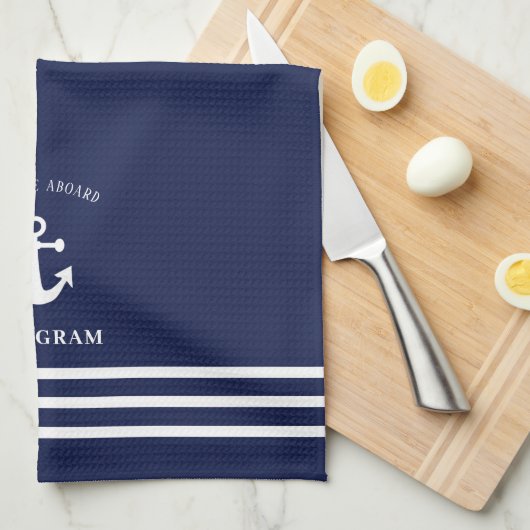 Nautical Navy Blue Welcome Aboard Name Anchor Theedoek (Quarter Fold)