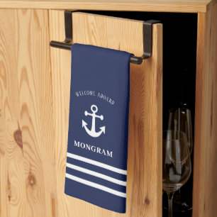 Nautical Navy Blue Welcome Aboard Name Anchor Theedoek