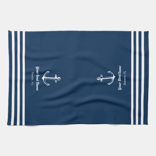 Nautical Navy Blue Welcome Aboard Name Anchor Theedoek (Horizontaal)