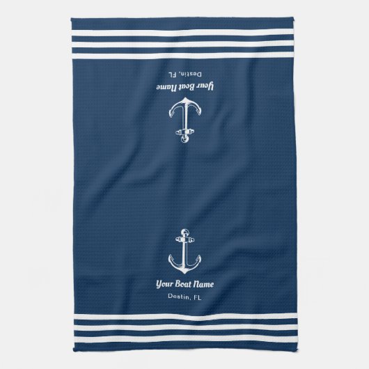 Nautical Navy Blue Welcome Aboard Name Anchor Theedoek (Verticaal)