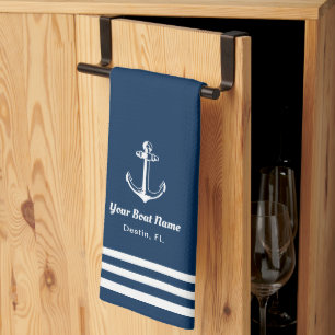 Nautical Navy Blue Welcome Aboard Name Anchor Theedoek