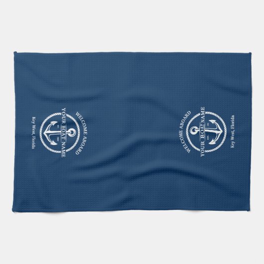 Nautical Navy Blue Welcome Aboard Name Anchor Theedoek (Horizontaal)