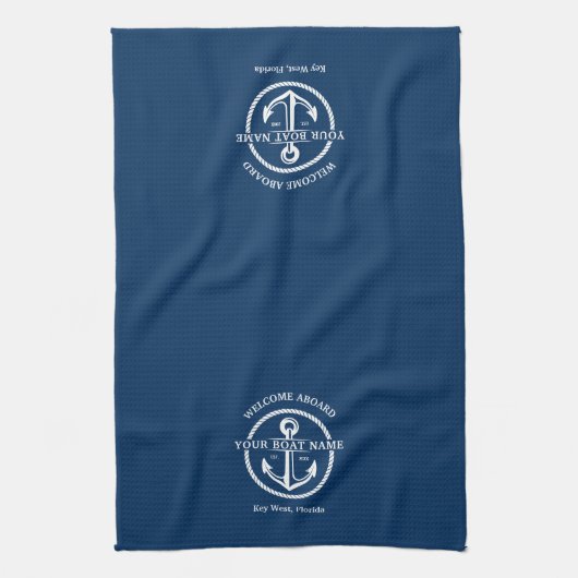 Nautical Navy Blue Welcome Aboard Name Anchor Theedoek (Verticaal)
