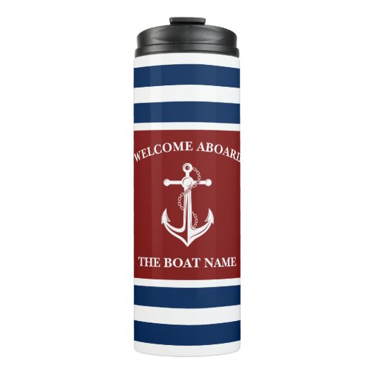 Nautical Navy Blue Welcome Aboard Name Anchor Thermosbeker (Voorkant)