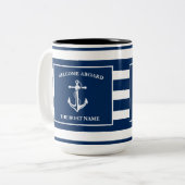 Nautical Navy Blue Welcome Aboard Name Anchor Tweekleurige Koffiemok (Voorkant links)