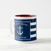 Nautical Navy Blue Welcome Aboard Name Anchor Tweekleurige Koffiemok (Voorkant links)