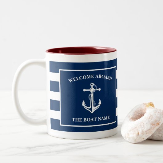 Nautical Navy Blue Welcome Aboard Name Anchor Tweekleurige Koffiemok (Met donut)