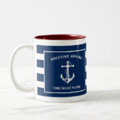 Nautical Navy Blue Welcome Aboard Name Anchor Tweekleurige Koffiemok (Links)
