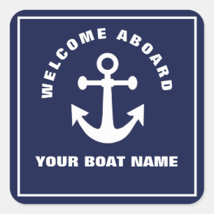 Nautical Navy Blue Welcome Aboard Name Anchor Vierkante Sticker