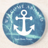 Nautical Navy Blue Welcome Aboard Name Anchor Zandsteen Onderzetter (Voorkant)