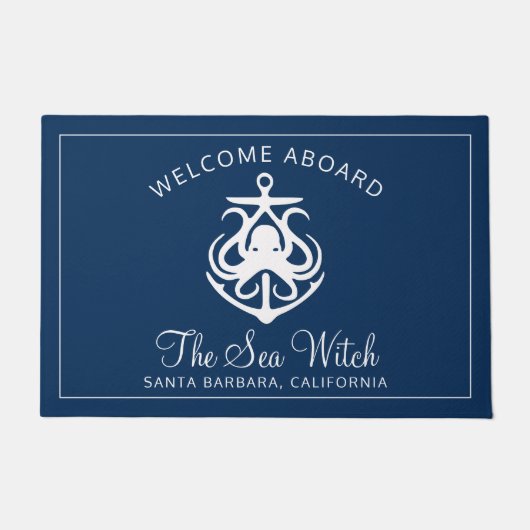 Nautical Navy Blue Welcome Aboard Name Deurmat (Voorkant)