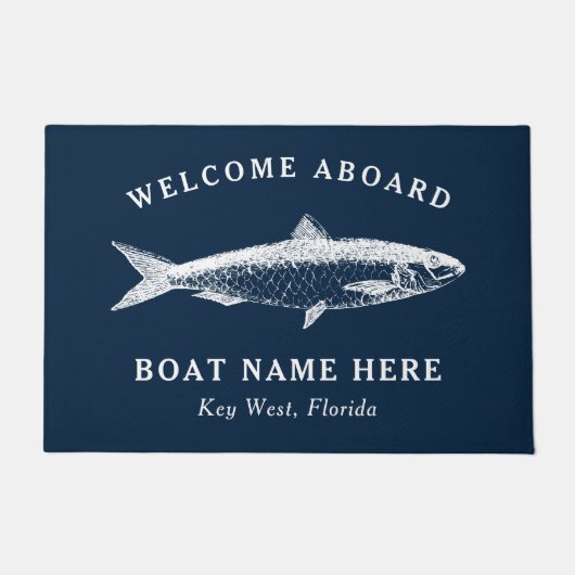 Nautical Navy Blue Welcome Aboard Name Fish Deurmat (Voorkant)