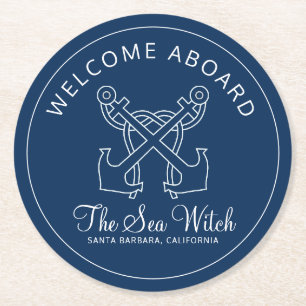 Nautical Navy Blue Welcome Aboard Name Ronde Kartonnen Onderzetter