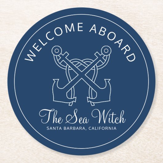 Nautical Navy Blue Welcome Aboard Name Ronde Kartonnen Onderzetter (Voorkant)