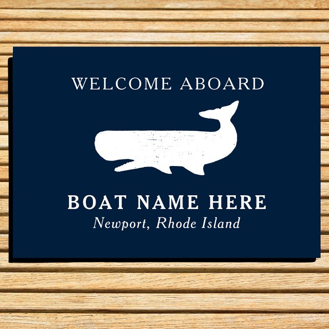 Nautical Navy Blue Welcome Aboard Name Whale Deurmat (Creator heeft geüpload)