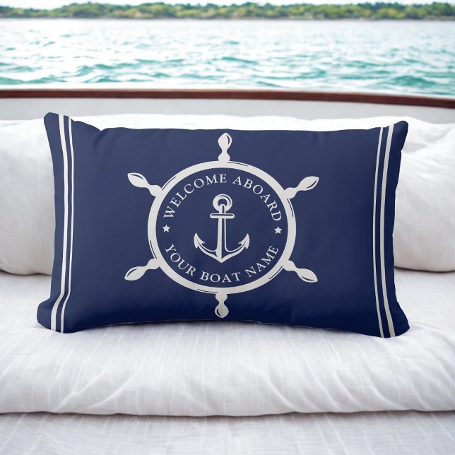 Nautical Navy Blue Welkom aan boord van aangepaste Kussen (Nautical Navy Blue Welcome Aboard Custom Boat Name Lumbar Pillow)