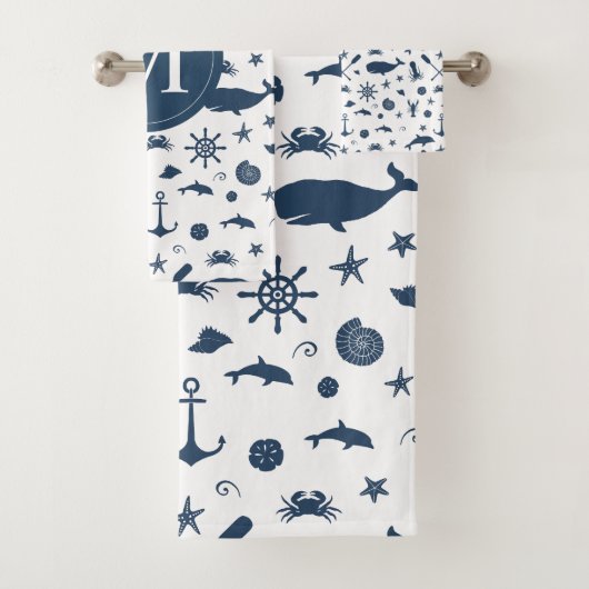 Nautical Navy Blue Whale Dolphin Anchor Bad Handdoek (Insitu)