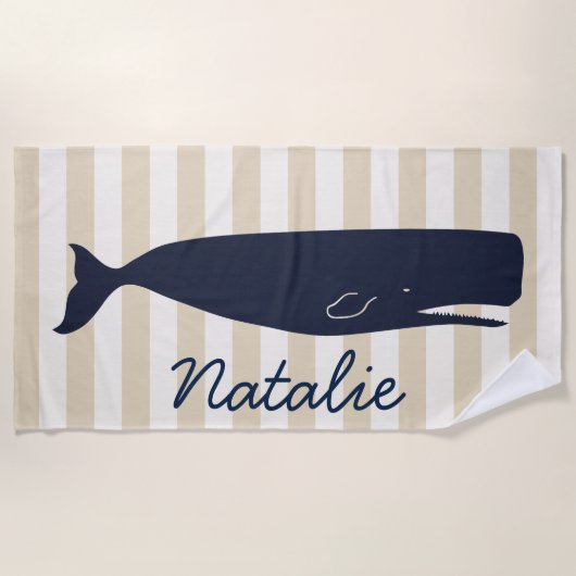 Nautical Navy Blue Whale & Stripes met naam Strandlaken (Voorkant)