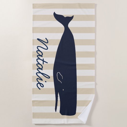 Nautical Navy Blue Whale & Stripes met naam Strandlaken (Voorkant)