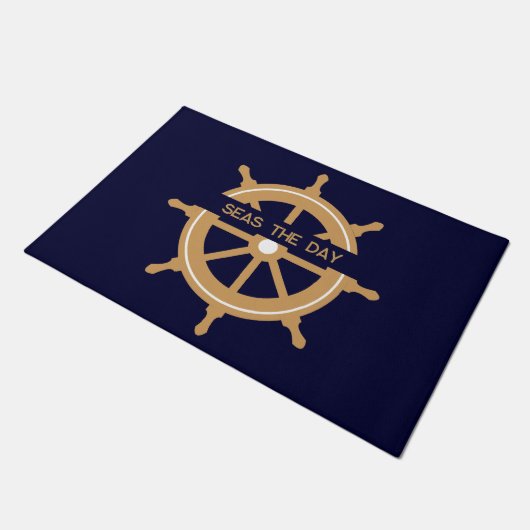 Nautical Navy Blue Wheel Custom Name Deurmat (Schuin)
