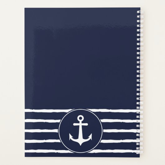 Nautical Navy Blue White Anchor Boat Name 2023 Planner (Achterkant)