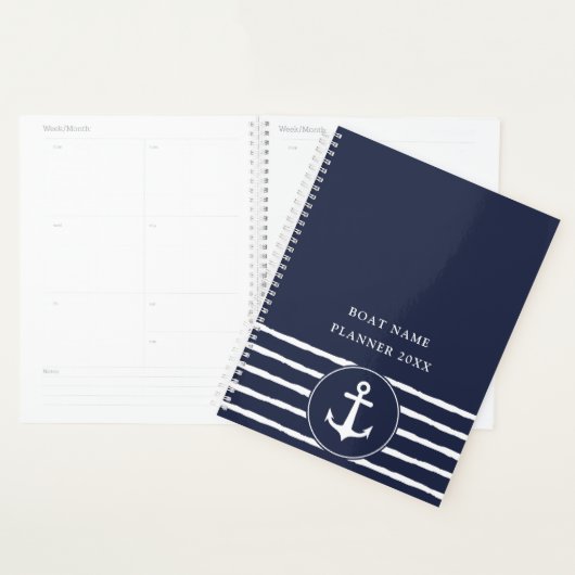Nautical Navy Blue White Anchor Boat Name 2023 Planner (Display)