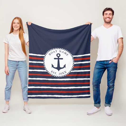 Nautical Navy Blue White Anchor Boat Name Fleece Deken (In situ)