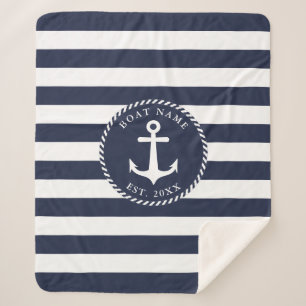 Nautical Navy Blue White Anchor Boat Name Sherpa Deken